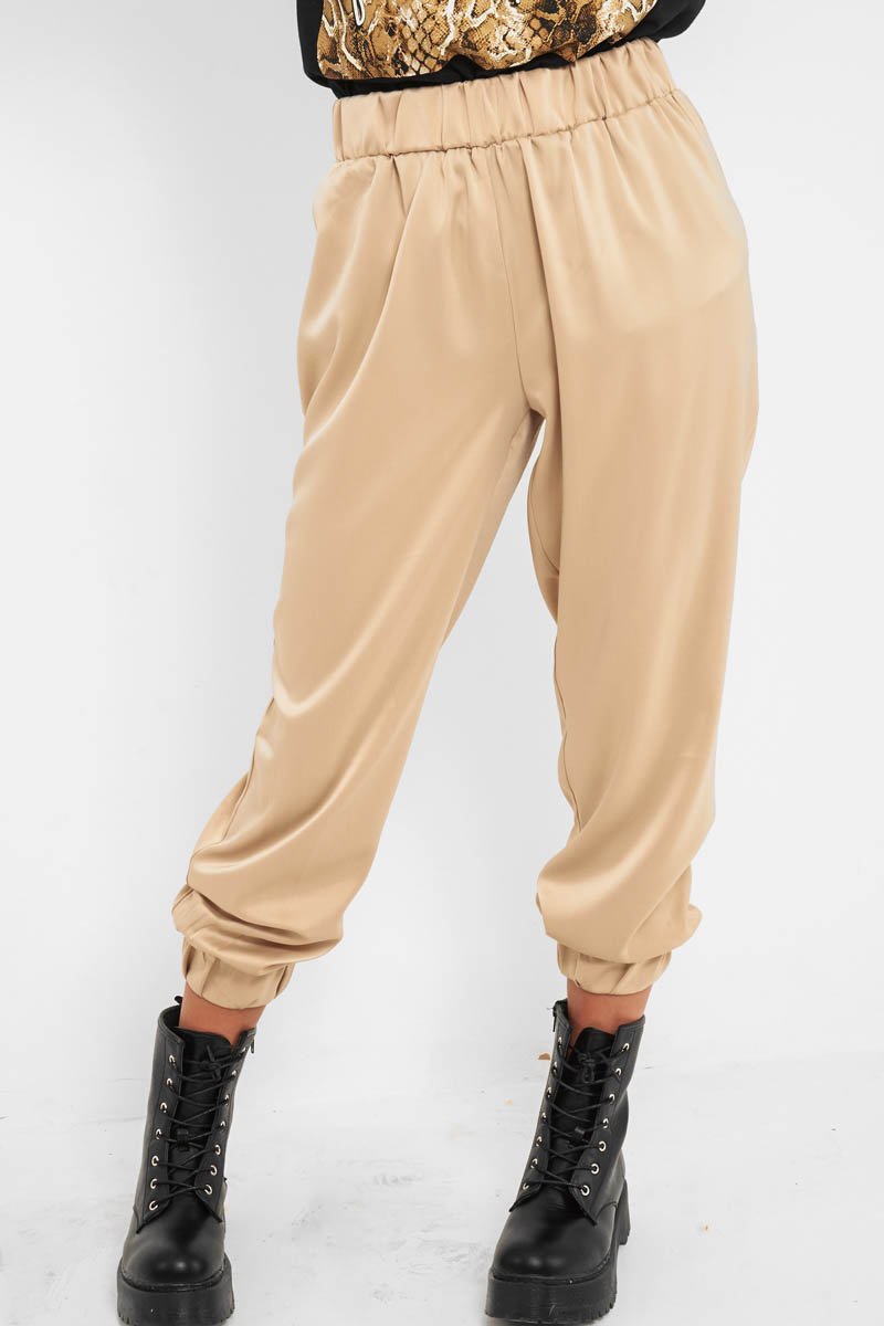 Beige Shiny Woven Cargo Trousers - Atley-Trousers