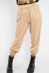 Beige Shiny Woven Cargo Trousers - Atley-Trousers