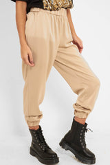 Beige Shiny Woven Cargo Trousers - Atley-Trousers