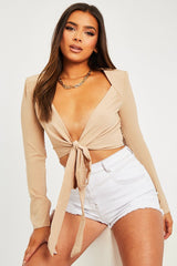 Beige Shoulder Pad Wrap Around Crop Top - Jadora-Crop Tops