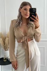 Beige Shoulder Pad Wrap Around Crop Top - Jadora-Crop Tops