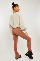 Beige Side Split Leggings - Oliviah-Leggings