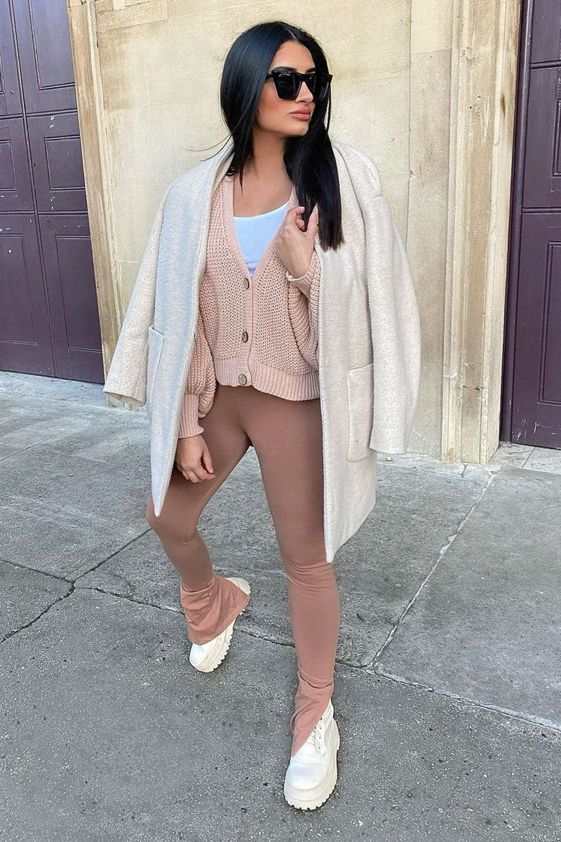 Beige Side Split Leggings - Oliviah-Leggings