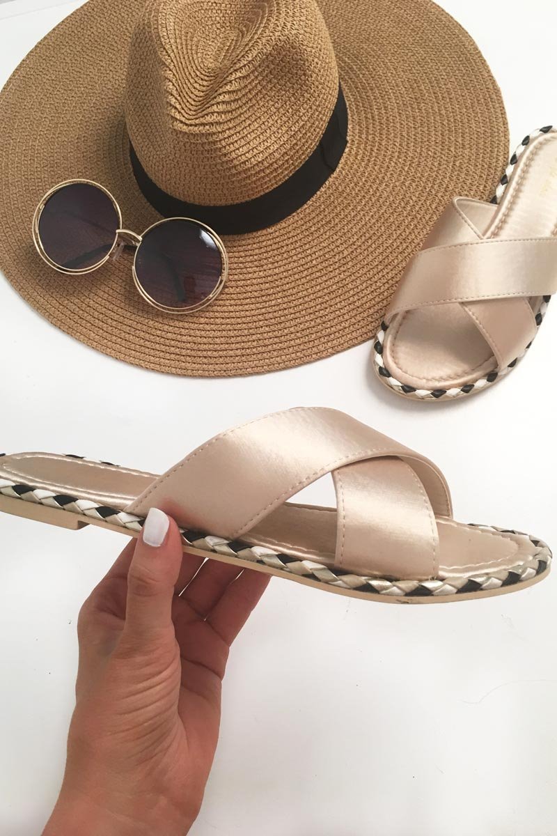 Beige Silky Braided Detail Cross Over Sliders - Aamiyah-Sliders