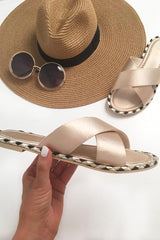 Beige Silky Braided Detail Cross Over Sliders - Aamiyah-Sliders