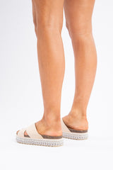 Beige Silver Studded Platform Slider - Camyia-Shoes