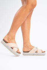 Beige Silver Studded Platform Slider - Camyia-Shoes