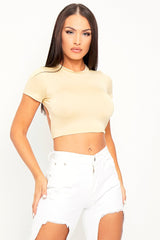 Beige Slinky Open Back Crop Top - Ivona-Tops