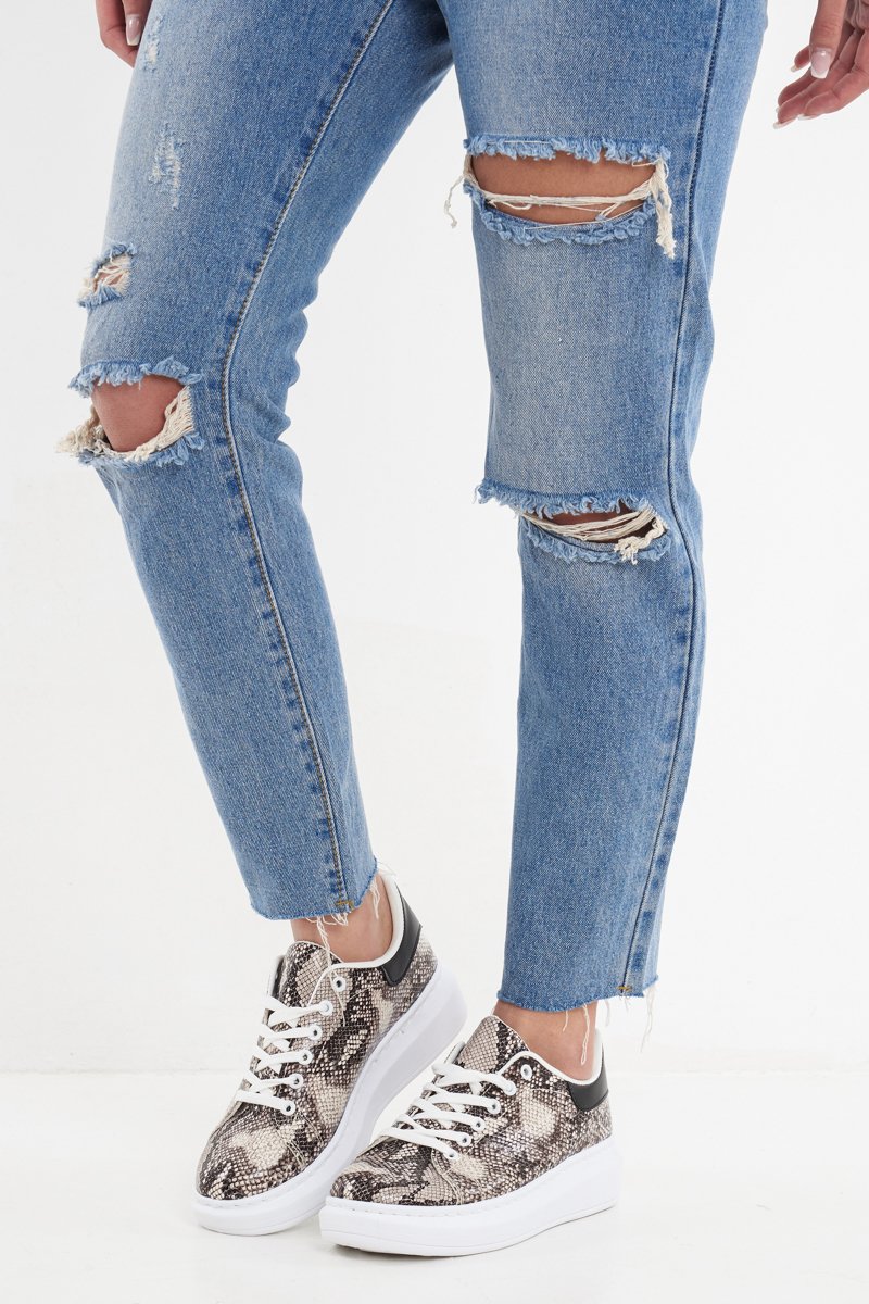 Beige Snake Chunky Sole Lace Up Trainers - Lauryl-Trainers