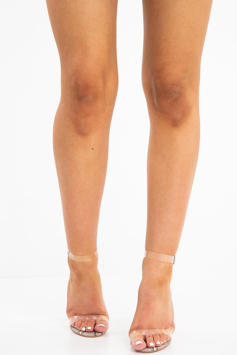 Beige Snake Clear Strap Perspex Block Heels - Ardyn-Heels