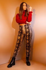 Beige Snake Coated Zip Front Trousers - Destynie-Trousers