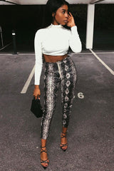 Beige Snake Coated Zip Front Trousers - Destynie-Trousers