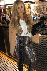 Beige Snake Coated Zip Front Trousers - Destynie-Trousers