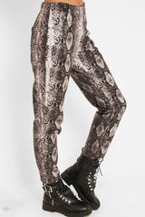 Beige Snake Coated Zip Front Trousers - Destynie-Trousers