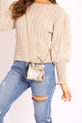 Beige Snake Faux Croc Mini Handbag - Ramie-Bags