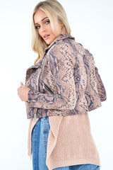 Beige Snake Faux Suede Biker Jacket - Kizzie-Jackets
