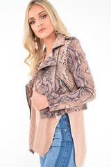 Beige Snake Faux Suede Biker Jacket - Kizzie-Jackets