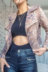 Beige Snake Faux Suede Biker Jacket - Kizzie-Jackets