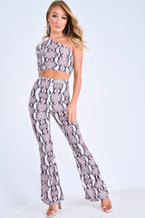 Beige Snake One Shoulder Top Wide Leg Trouser Co-Ord - Vixi-Co-ords