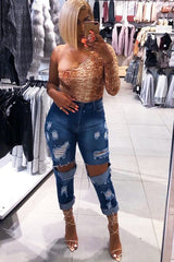 Beige Snake One Sleeve Bodysuit - Iria-Bodysuits