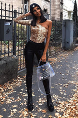 Beige Snake One Sleeve Bodysuit - Iria-Bodysuits