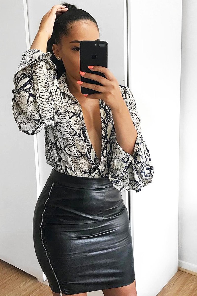 Beige Snake Plunge Flare Sleeve Blouse Bodysuit - Mckyla-Bodysuits