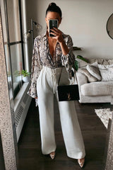 Beige Snake Plunge Flare Sleeve Blouse Bodysuit - Mckyla-Bodysuits