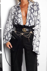 Beige Snake Plunge Flare Sleeve Blouse Bodysuit - Mckyla-Bodysuits