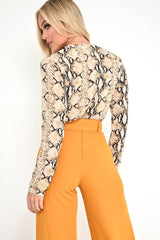 Beige Snake Plunge Long Sleeve Bodysuit - Katya-Bodysuits