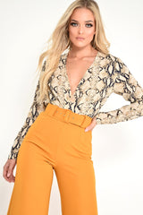 Beige Snake Plunge Long Sleeve Bodysuit - Katya-Bodysuits