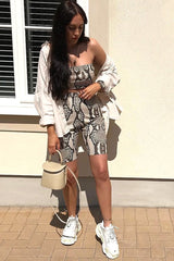 Beige Snake Print Bandeau And Cycling Shorts Co- ord - Aaleiyah-Co-ords