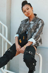 Beige Snake Print Crop Denim Jacket - Bernice-Denim Jackets