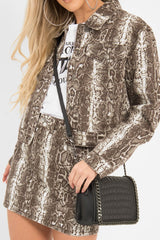 Beige Snake Print Crop Denim Jacket - Bernice-Denim Jackets