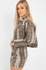 Beige Snake Print Crop Denim Jacket - Bernice-Denim Jackets