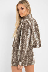 Beige Snake Print Crop Denim Jacket - Bernice-Denim Jackets