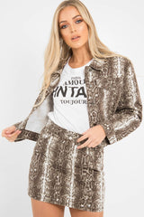 Beige Snake Print Crop Denim Jacket - Bernice-Denim Jackets