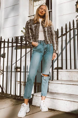 Beige Snake Print Crop Denim Jacket - Bernice-Denim Jackets