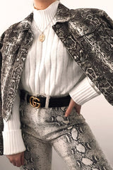 Beige Snake Print Crop Denim Jacket - Bernice-Denim Jackets