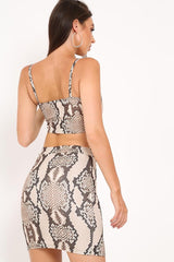 Beige Snake Print Crop Top And Bodycon Skirt Co-Ord - Aamyah-Co-ords