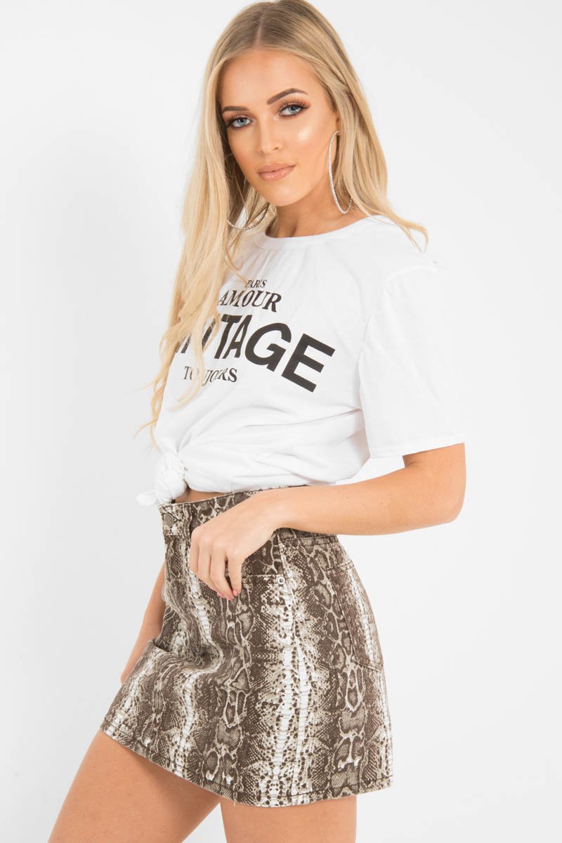 Beige Snake Print Denim Mini Skirt - Antonia-Skirts