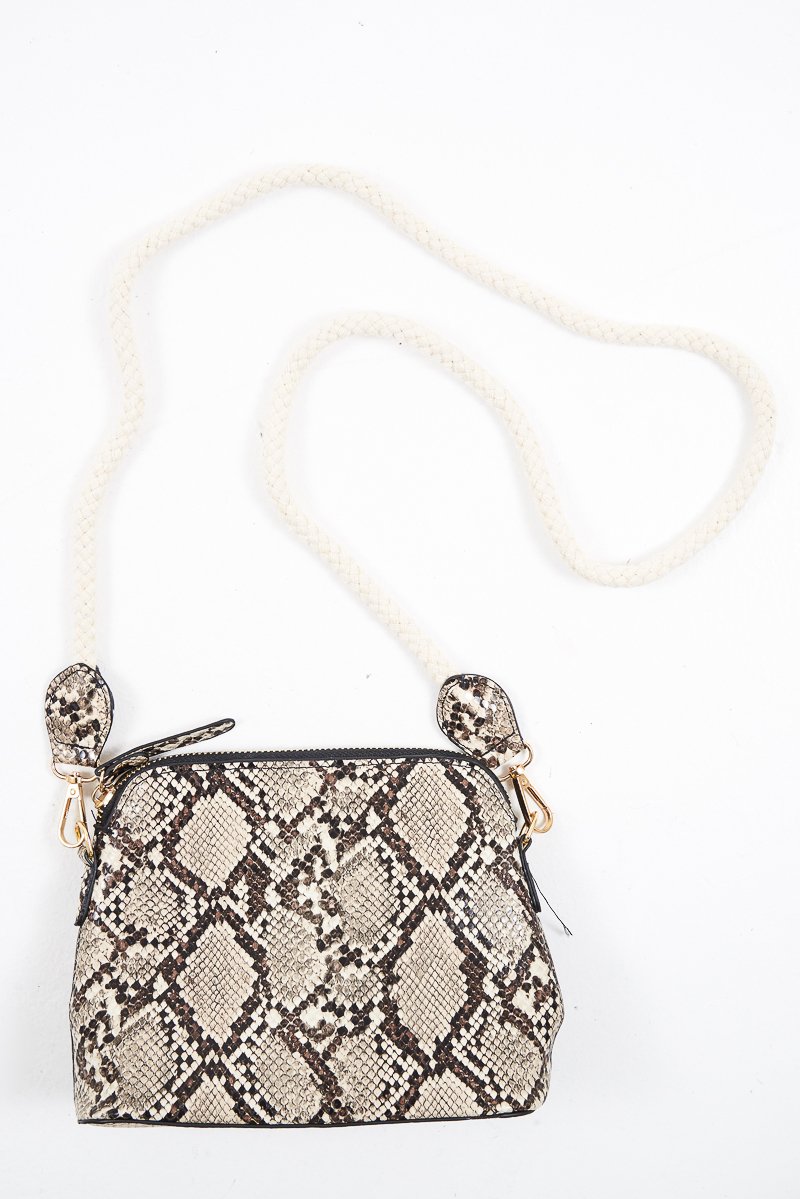 Beige Snake Print Faux Leather Rope Bag - Tylia-Bags