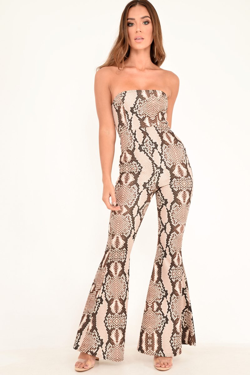 Beige Snake Print Flare Bandeau Jumpsuit - Letizia-Jumpsuits