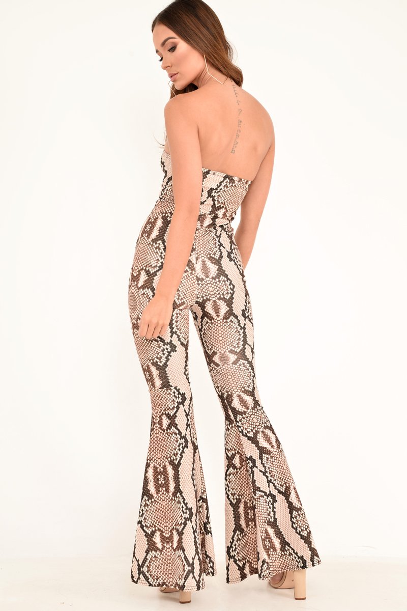 Beige Snake Print Flare Bandeau Jumpsuit - Letizia-Jumpsuits