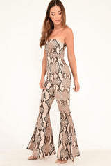 Beige Snake Print Flare Bandeau Jumpsuit - Letizia-Jumpsuits