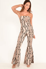 Beige Snake Print Flare Bandeau Jumpsuit - Letizia-Jumpsuits