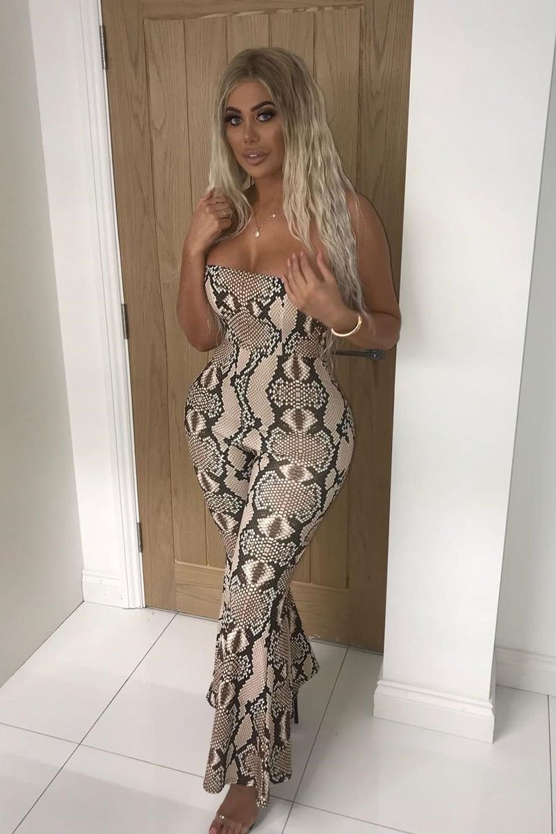 Beige Snake Print Flare Bandeau Jumpsuit - Letizia-Jumpsuits