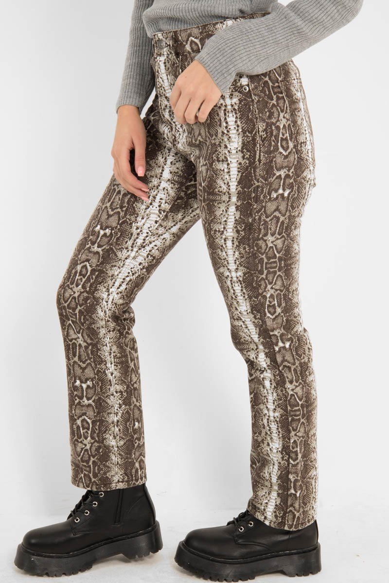 Beige Snake Print High Waist Denim Jeans - Raeann-Jeans