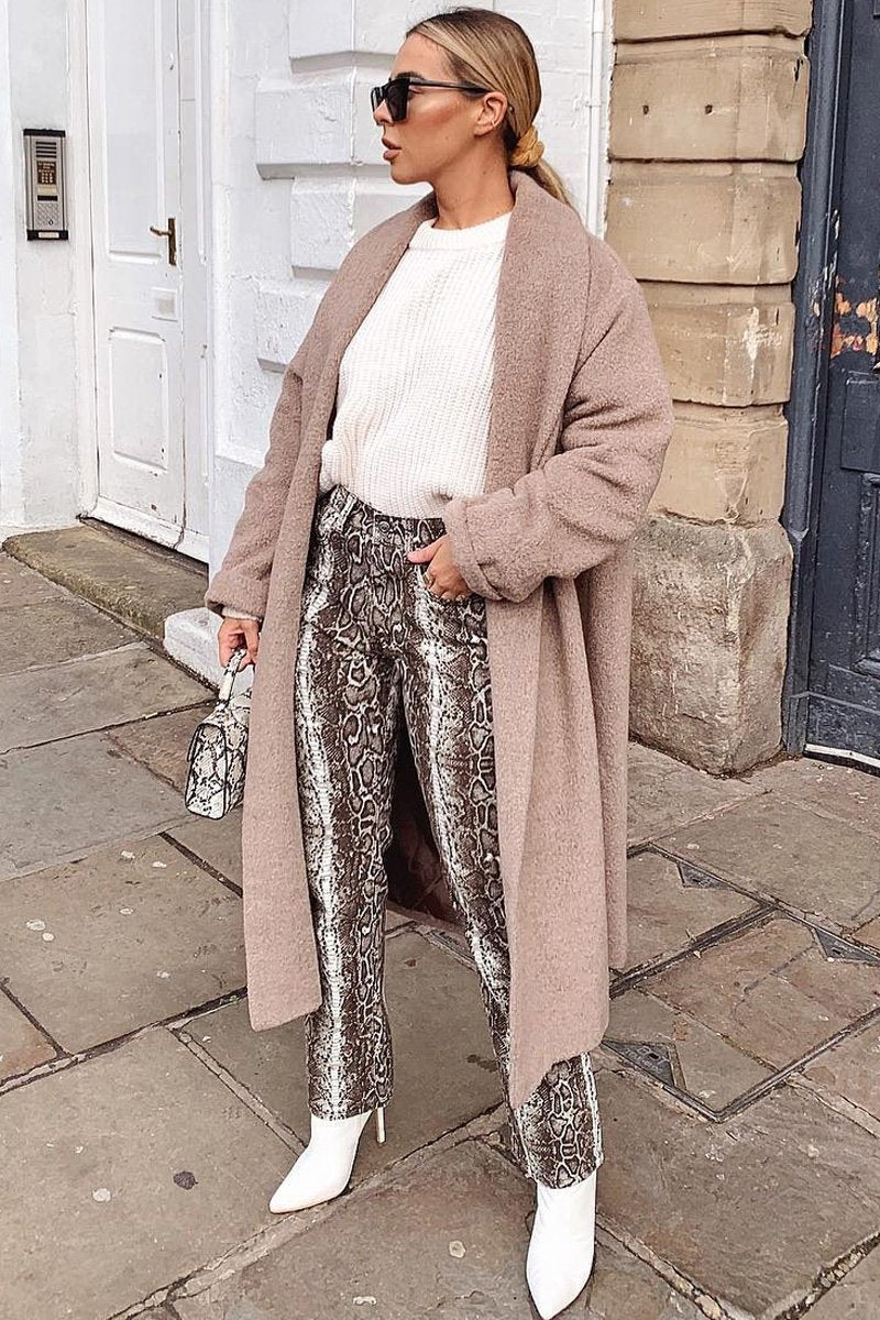 Beige Snake Print High Waist Denim Jeans - Raeann-Jeans