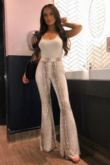 Beige Snake Print High Waisted Flared Trousers - Kamryn-Trousers