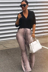Beige Snake Print High Waisted Flared Trousers - Kamryn-Trousers
